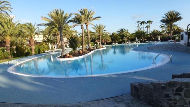 A large, curved swimming pool surrounded by palm trees and lounge chairs. - Sun Club Premium (San Bartolome de Tirajana)