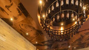 Un interior moderno con una pared de madera, un ascensor, una zona de recepción y una araña.