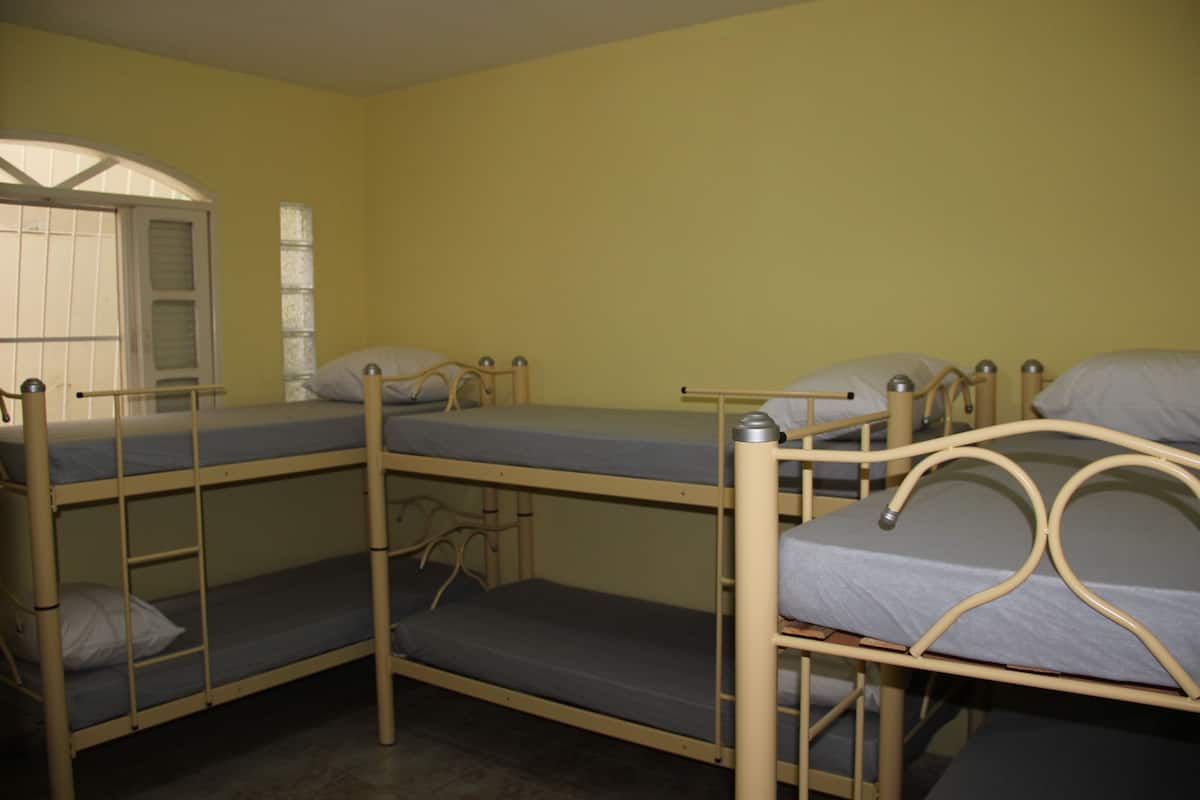 A dormitory room with bunk beds, a window, and a door.