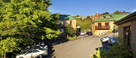 A street view with parked cars, buildings with green roofs, and lush greenery.