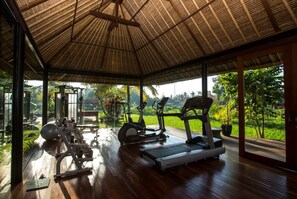 A gym with exercise equipment and a view of a lush garden.