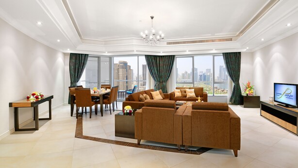 Deluxe Apartment, 3 Bedrooms, Lagoon View | Living room | LCD TV - Al Majaz Premiere Hotel Apartment (Sharjah)