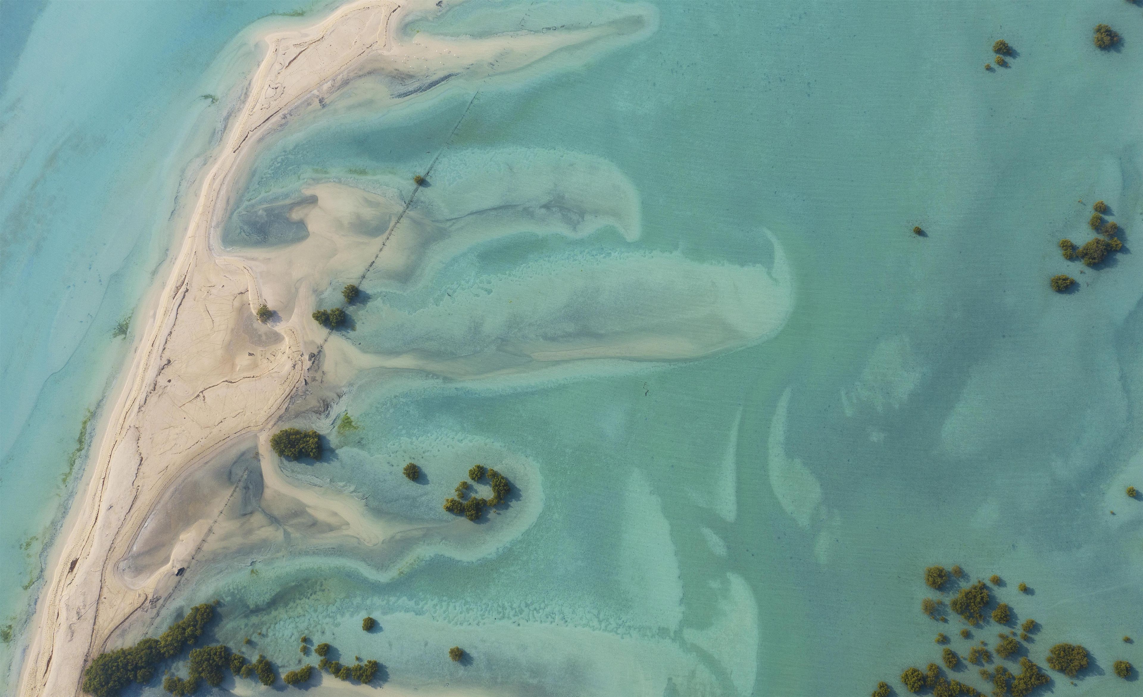 Vue aérienne d’une zone côtière avec des eaux cristallines, des plages de sable et une végétation clairsemée.