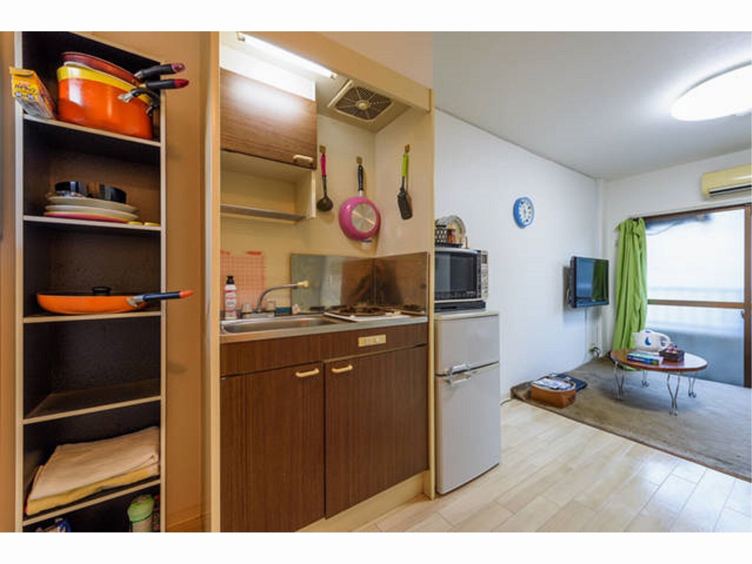 Großer Kühlschrank, Mikrowelle, Herdplatte