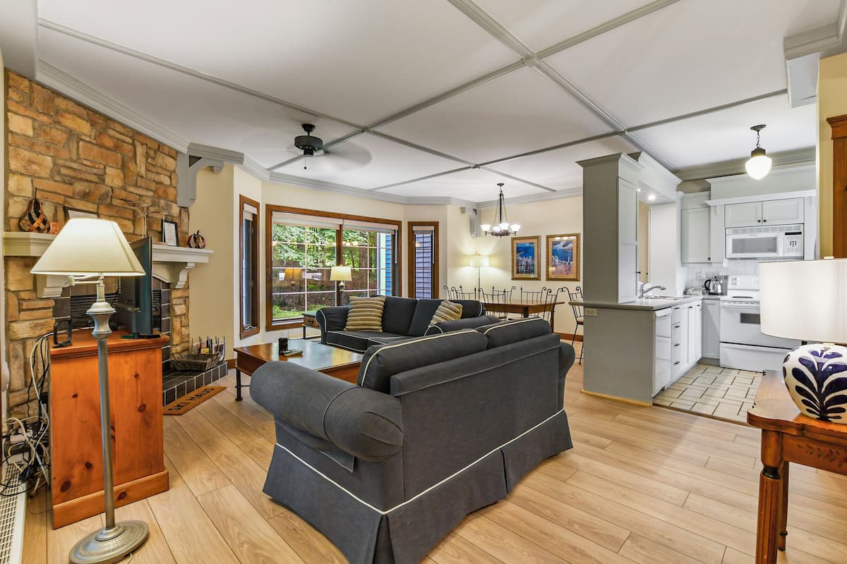 A living room with a stone fireplace, a sofa, a coffee table, and a view of the outdoors.