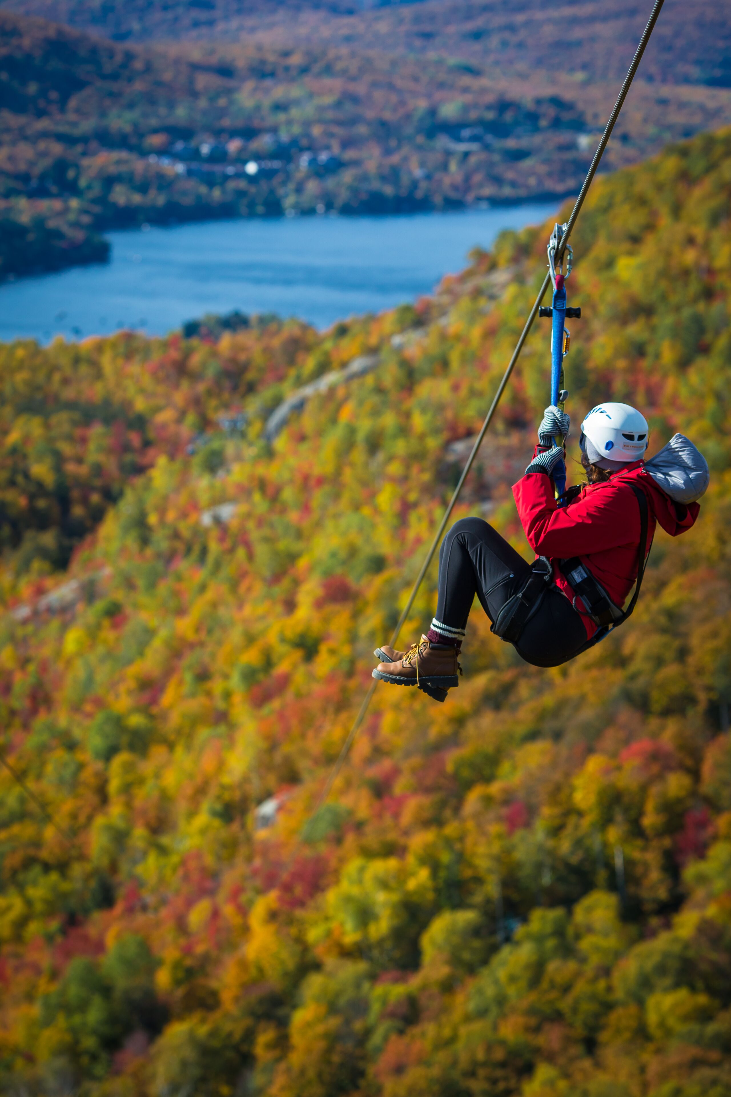 A person zip-lining over a forested area with a lake in the background.