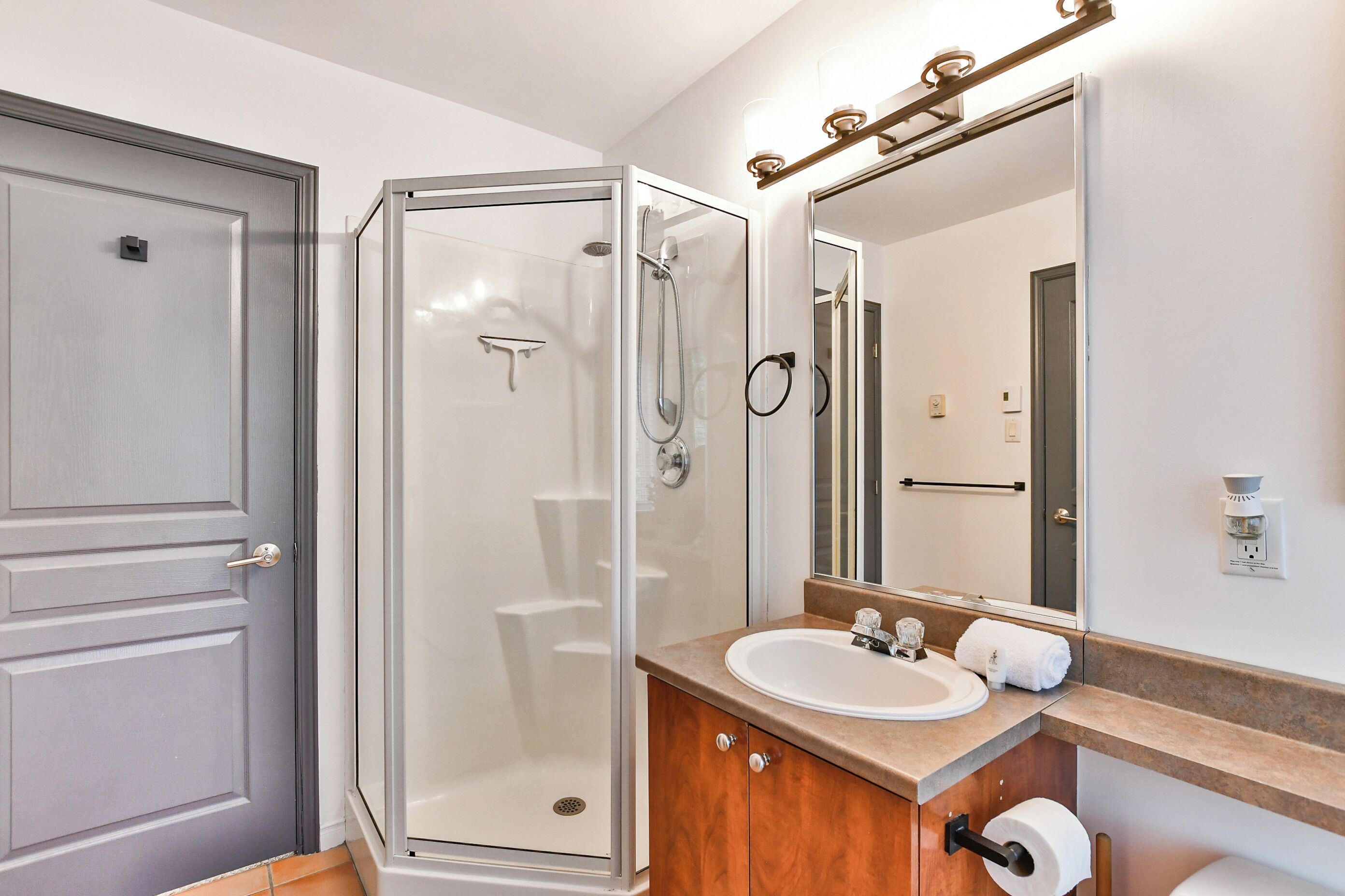 A modern bathroom with a glass-enclosed shower, a sink with a vanity, and a large mirror above the vanity.