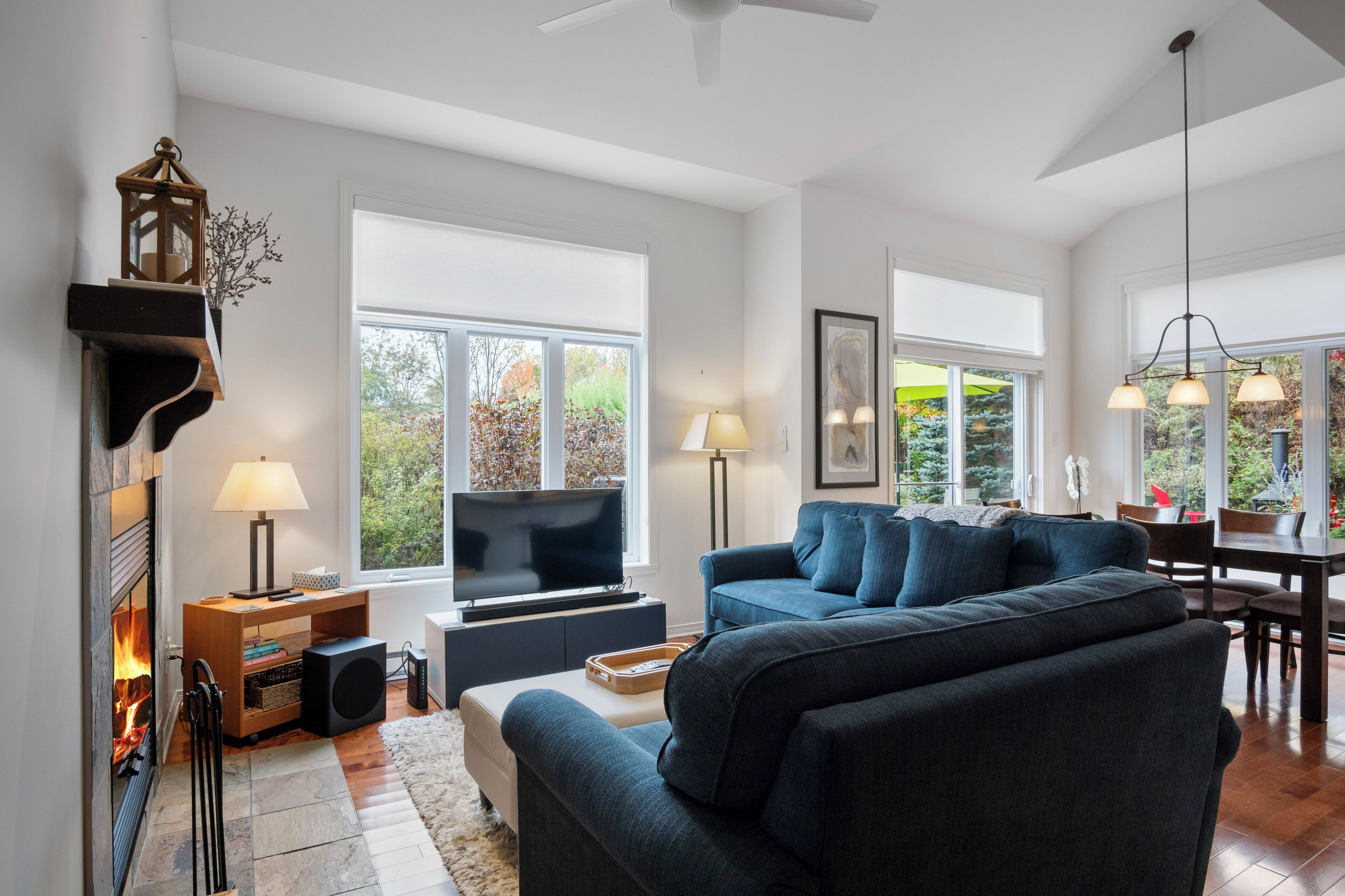 A modern living room with a fireplace, a television, and a dining area with a table and chairs.