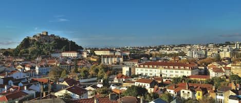 Paisagem urbana histórica com um castelo imponente numa colina, rodeado por edifícios densamente agrupados com telhados de telha vermelha.