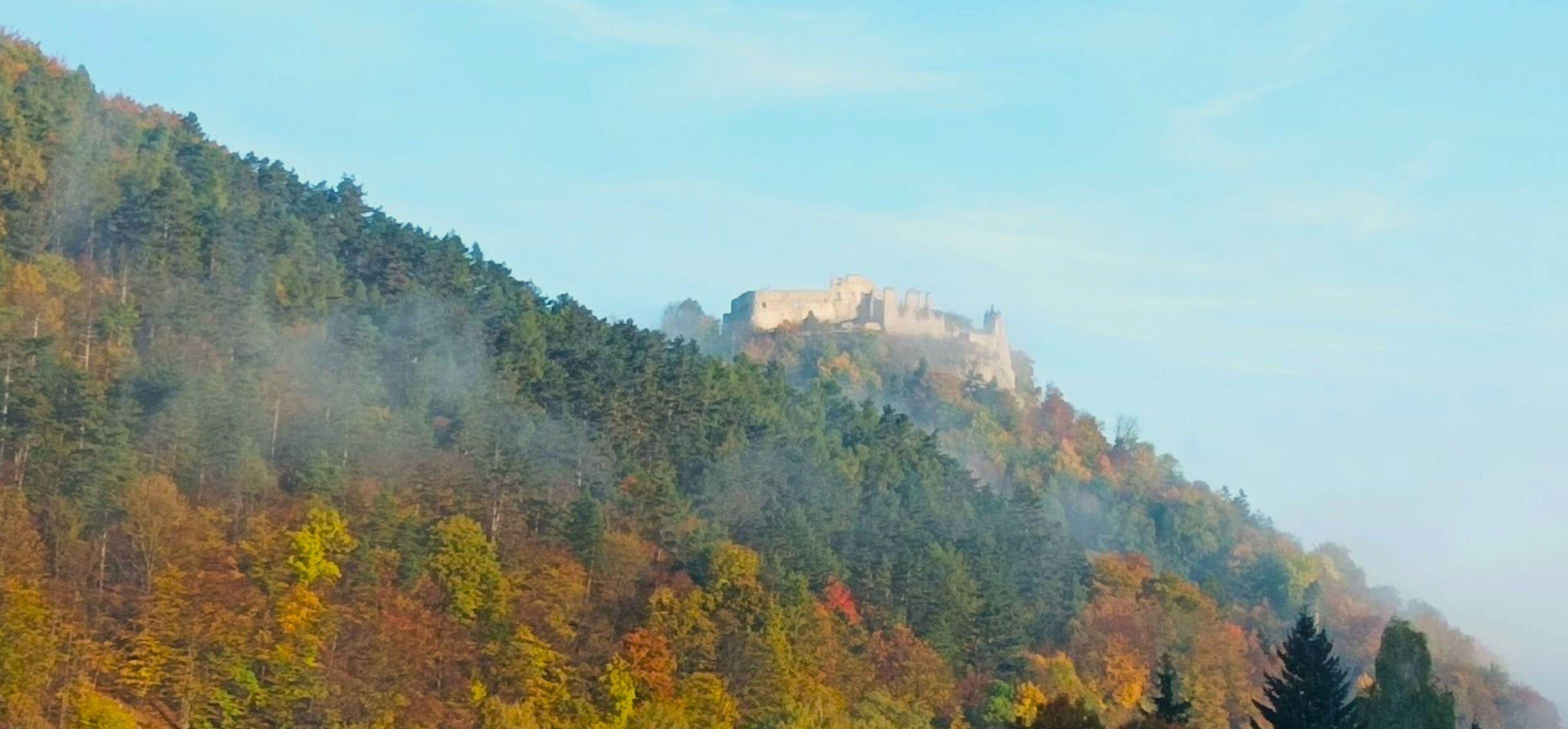 Un castillo en una colina con follaje otoñal.