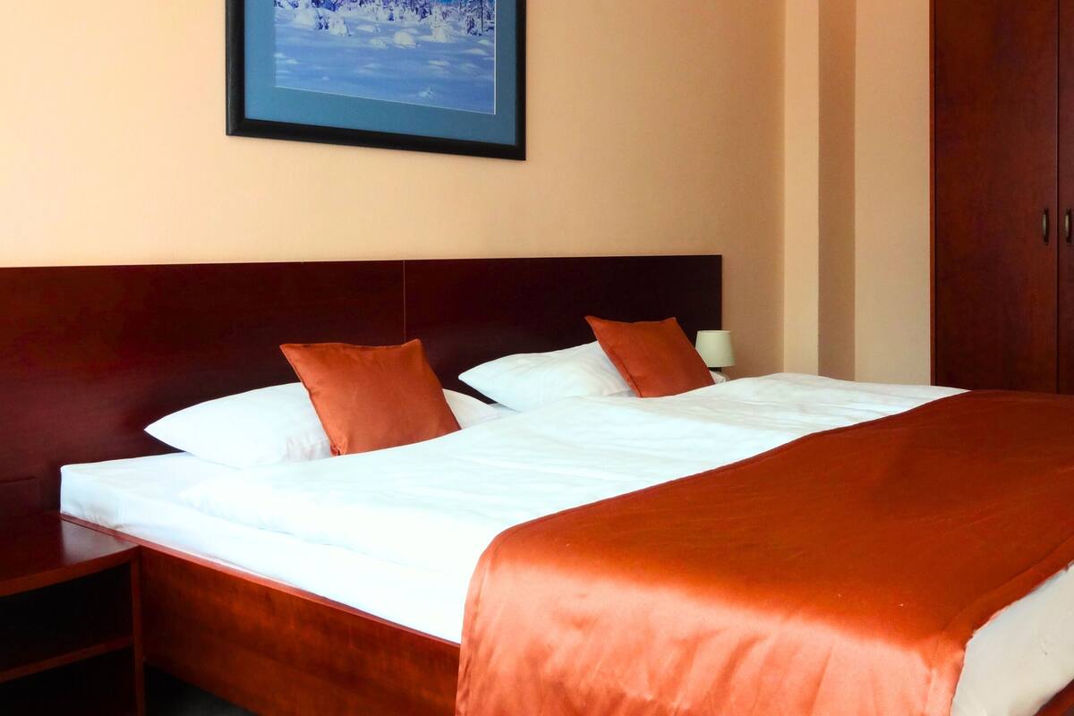 A hotel room with a large bed, two pillows, a nightstand with a lamp, and a framed picture on the wall.