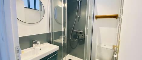 A modern bathroom with a glass-enclosed shower, a white sink, and a toilet.