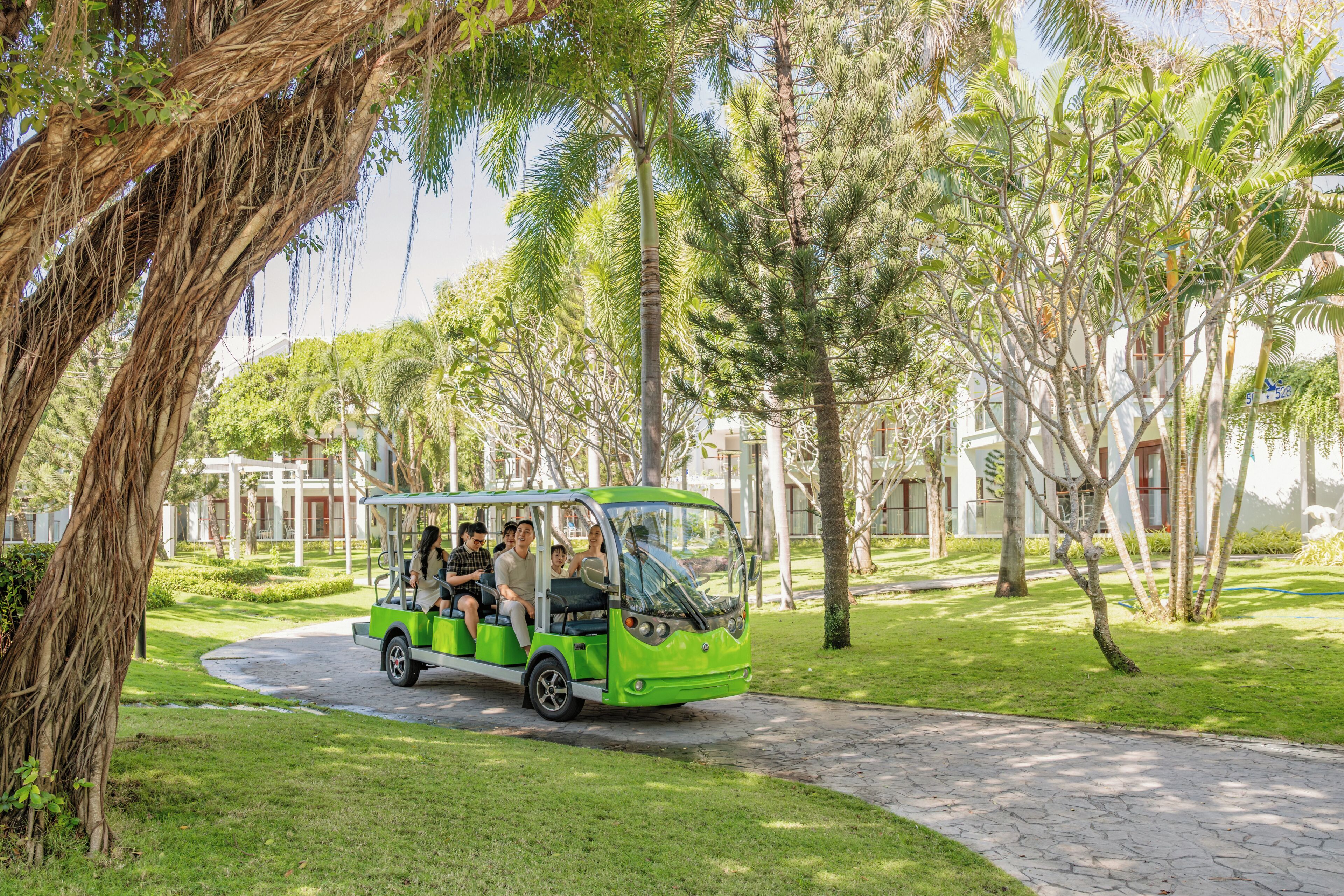 A green tour bus on a paved path surrounded by lush greenery and palm trees.