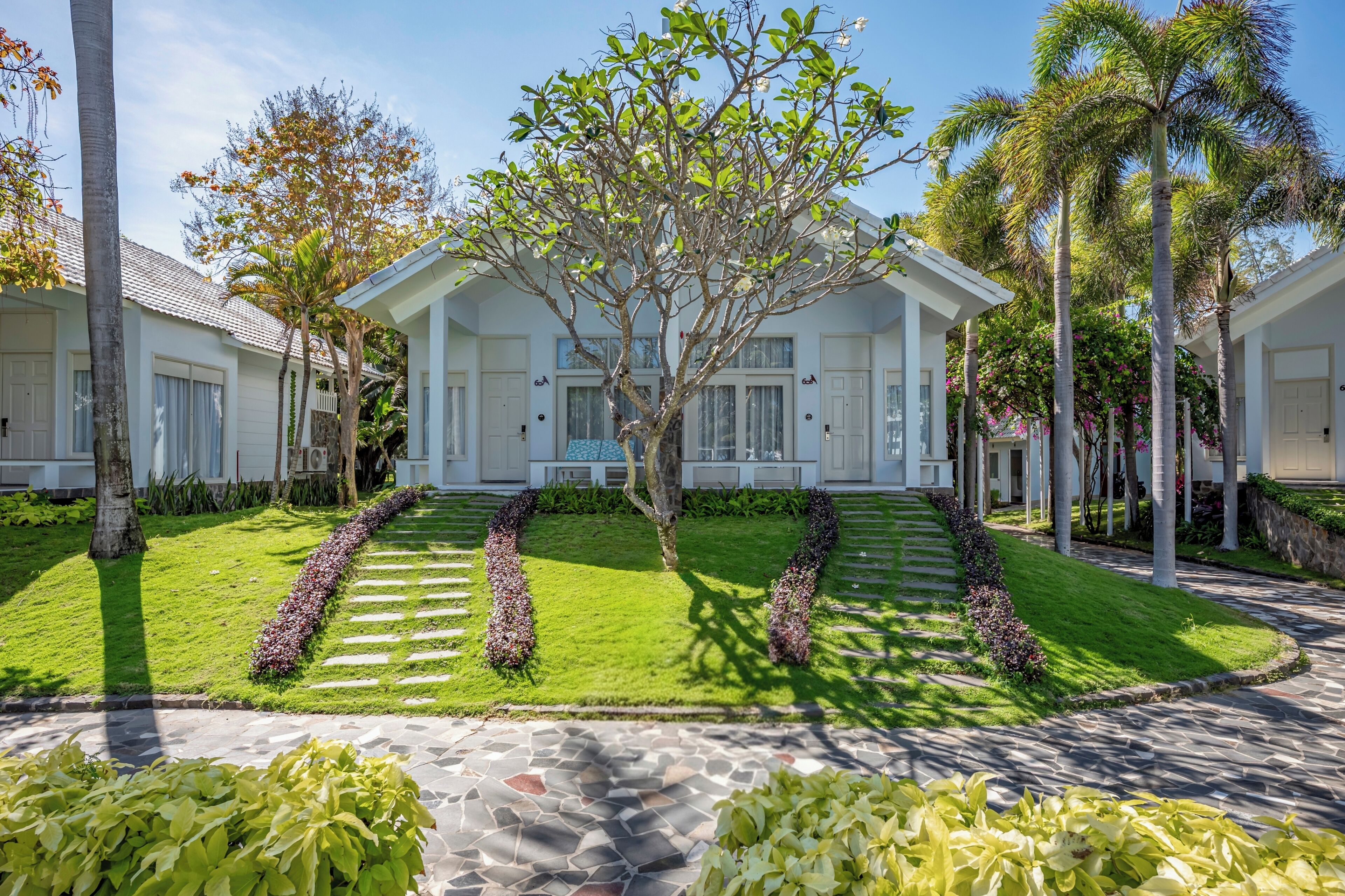 A modern building with a symmetrical facade, a central tree, and a well-maintained lawn with patterned pathways.