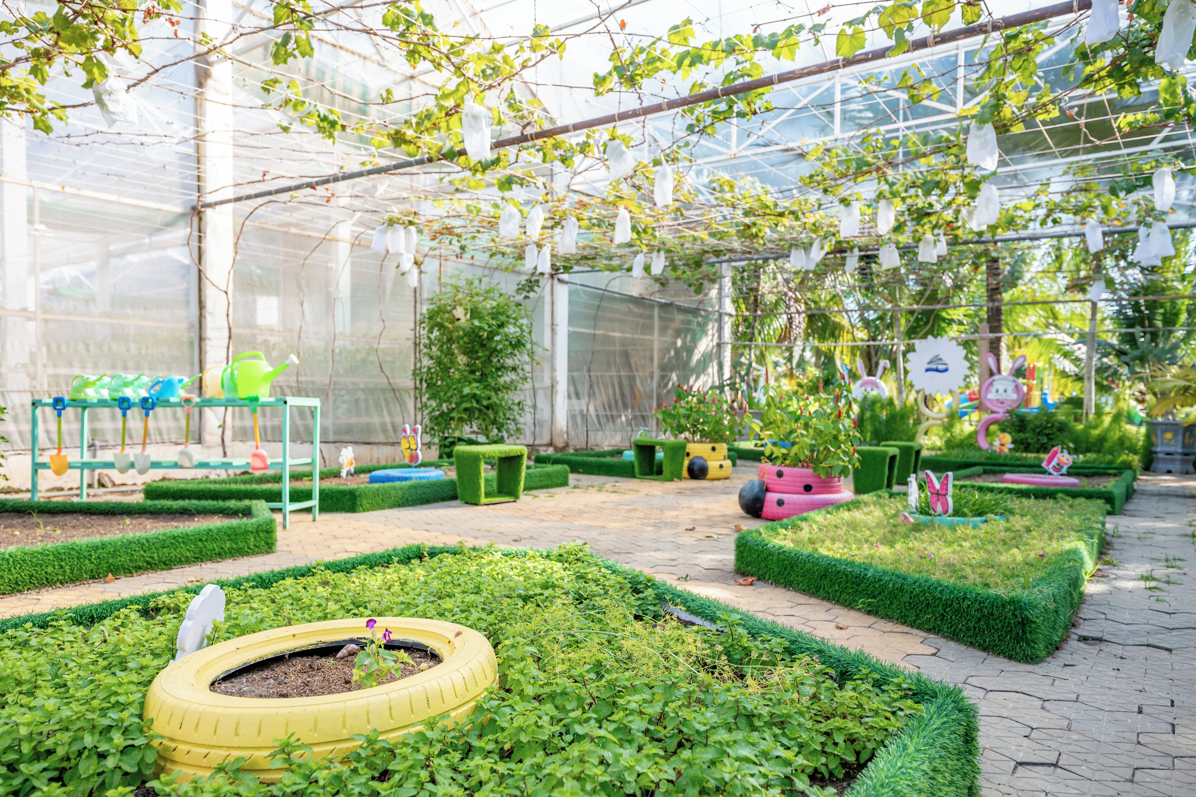 Un invernadero con plantas, una jardinera hecha con un neumático y una zona de juegos con juguetes.