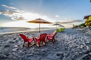 On the beach, sun loungers, beach umbrellas, beach massages