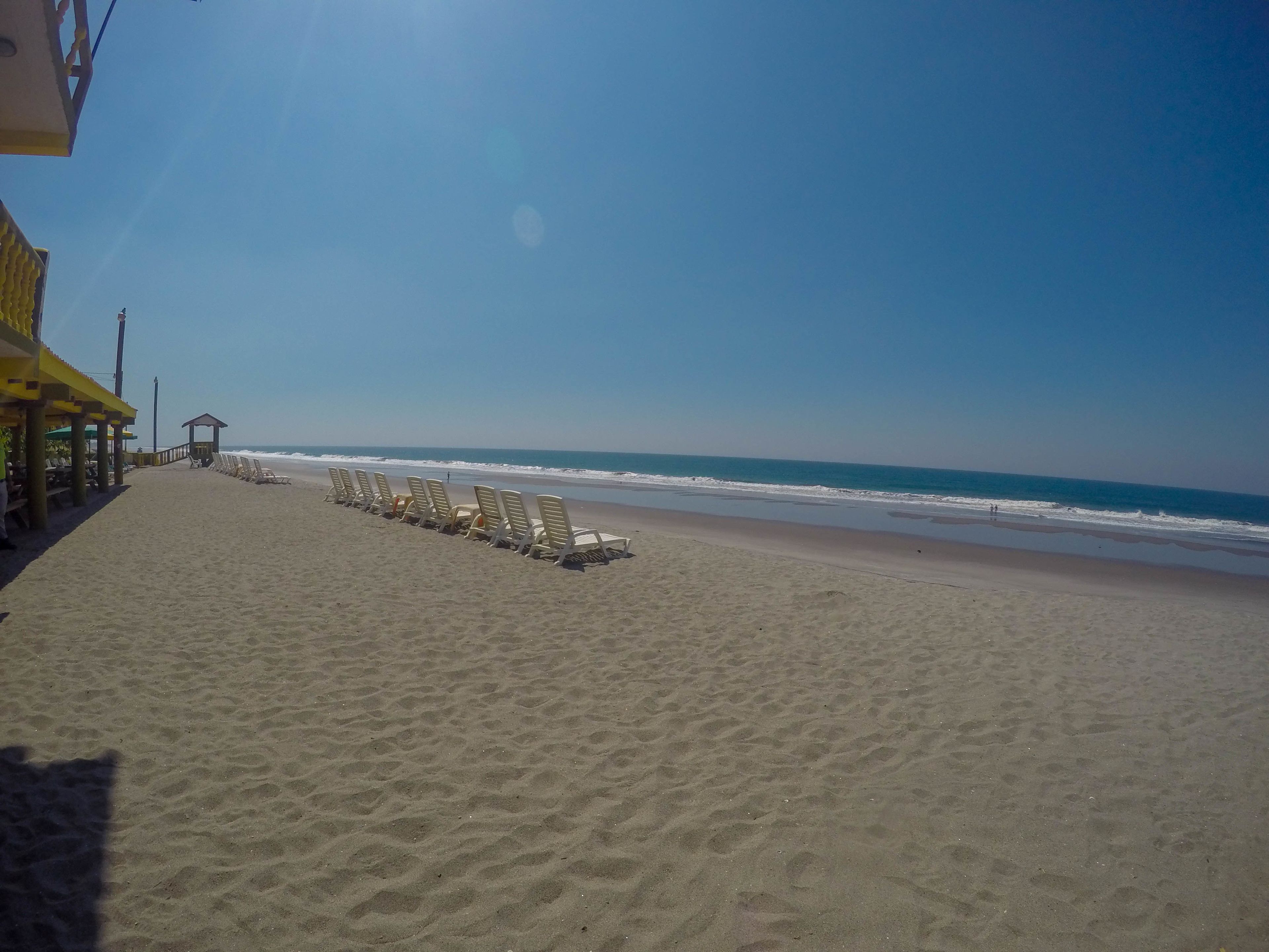 Een strand met rijen ligbedden en een prieel.