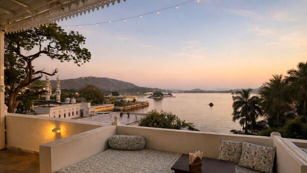A balcony with a sofa and table overlooking a body of water, with buildings and a mosque in the background. - Hibiscus Heritage - A Lake View Hotel in Udaipur (Udaipur)
