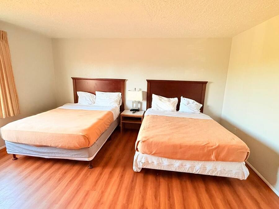 Habitación de hotel con dos camas individuales, piso de madera, ventana con cortinas y una mesita de noche con lámpara.