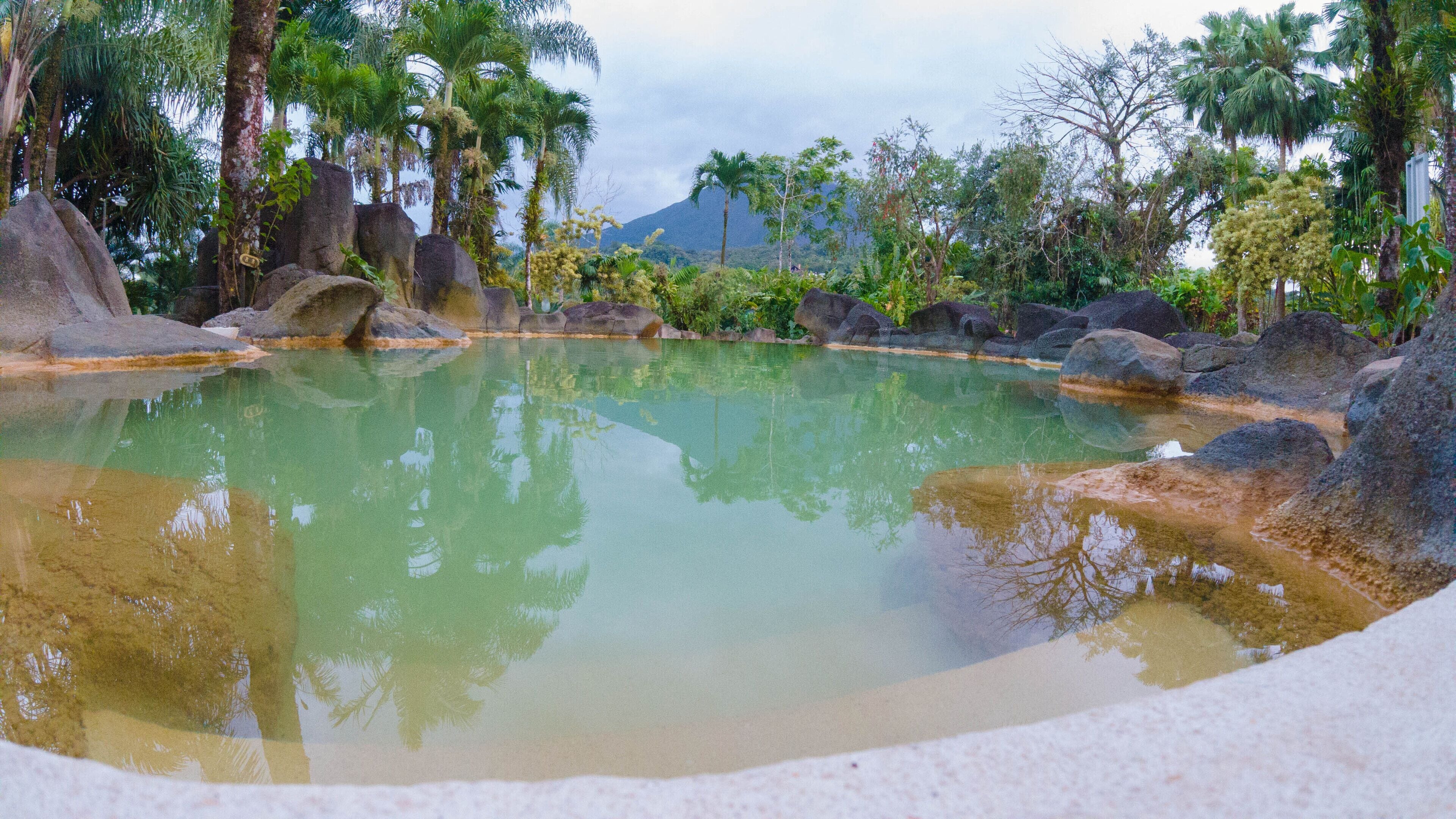 Une piscine naturelle entourée de rochers et de palmiers, avec une montagne en arrière-plan.