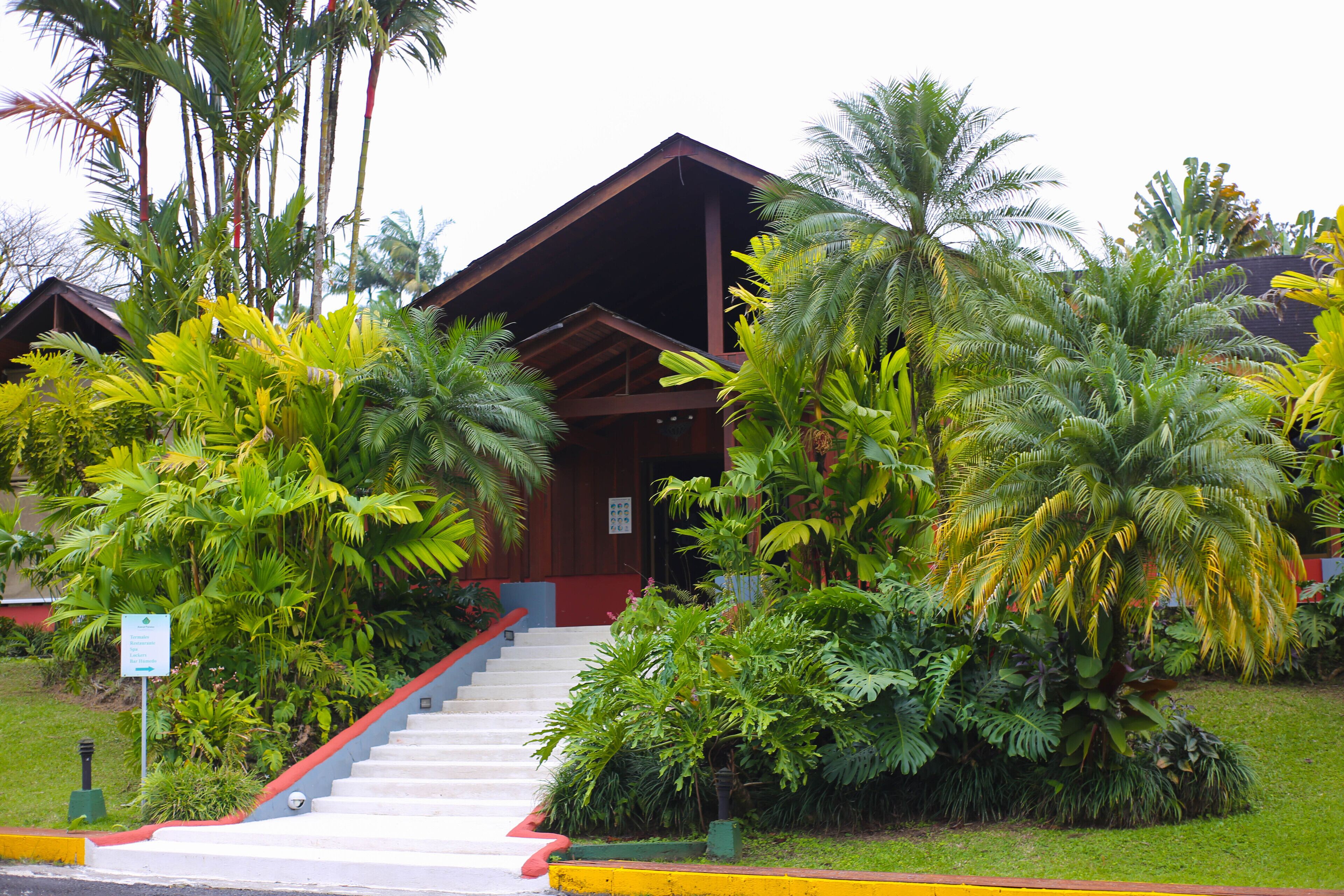 A building with a staircase leading to a wooden deck surrounded by lush tropical vegetation.