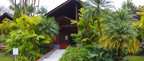 A building with a staircase leading to a wooden deck surrounded by lush tropical vegetation.