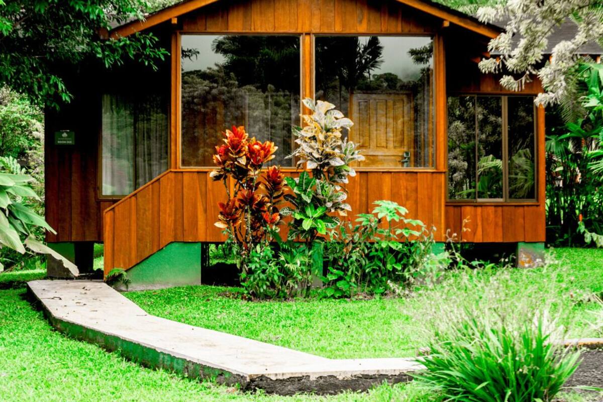 A wooden cabin with large windows, surrounded by lush greenery and flowering plants.