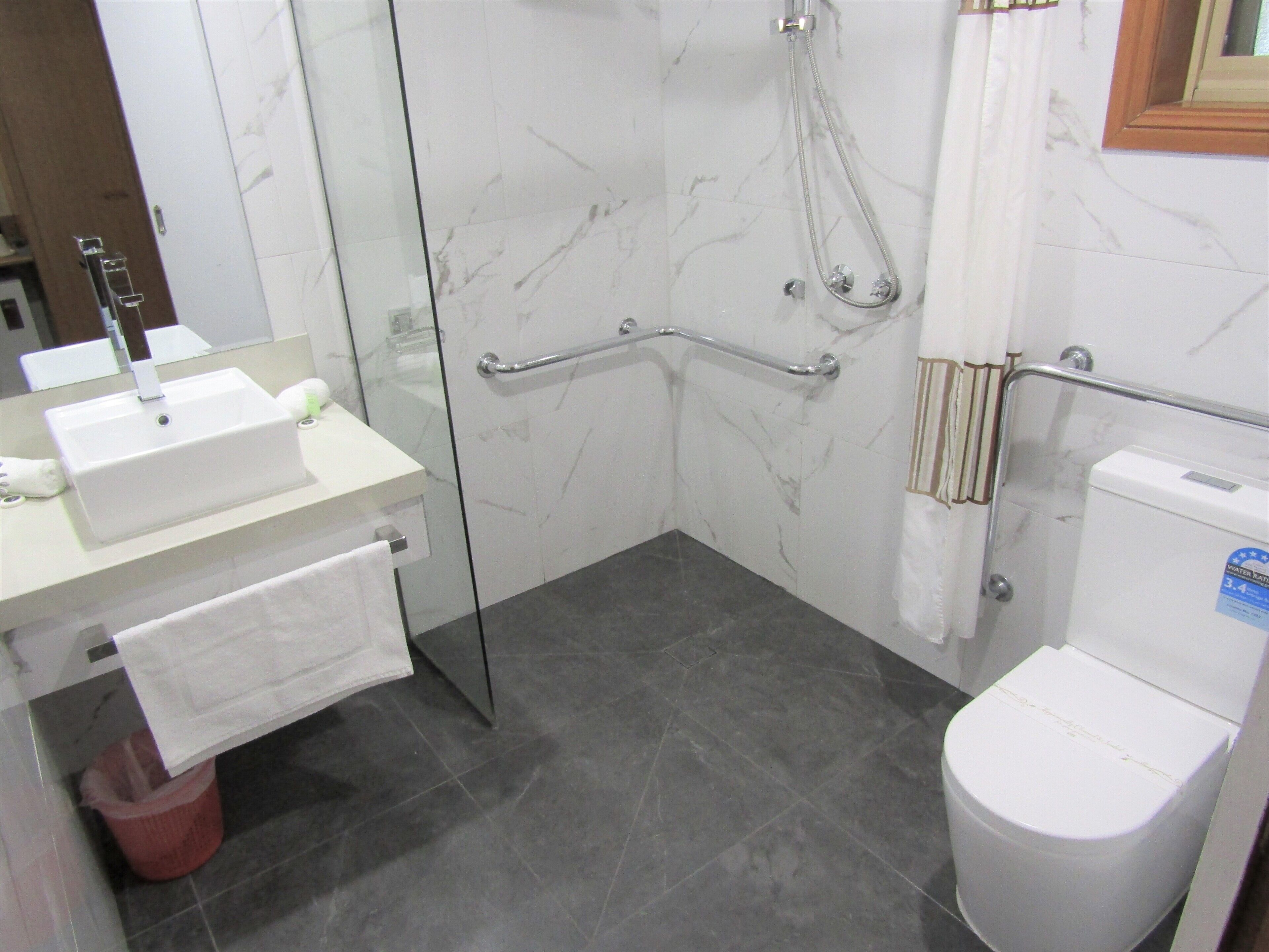 A bathroom with a white sink, mirror, and toilet. There is a glass shower enclosure with a handheld showerhead.