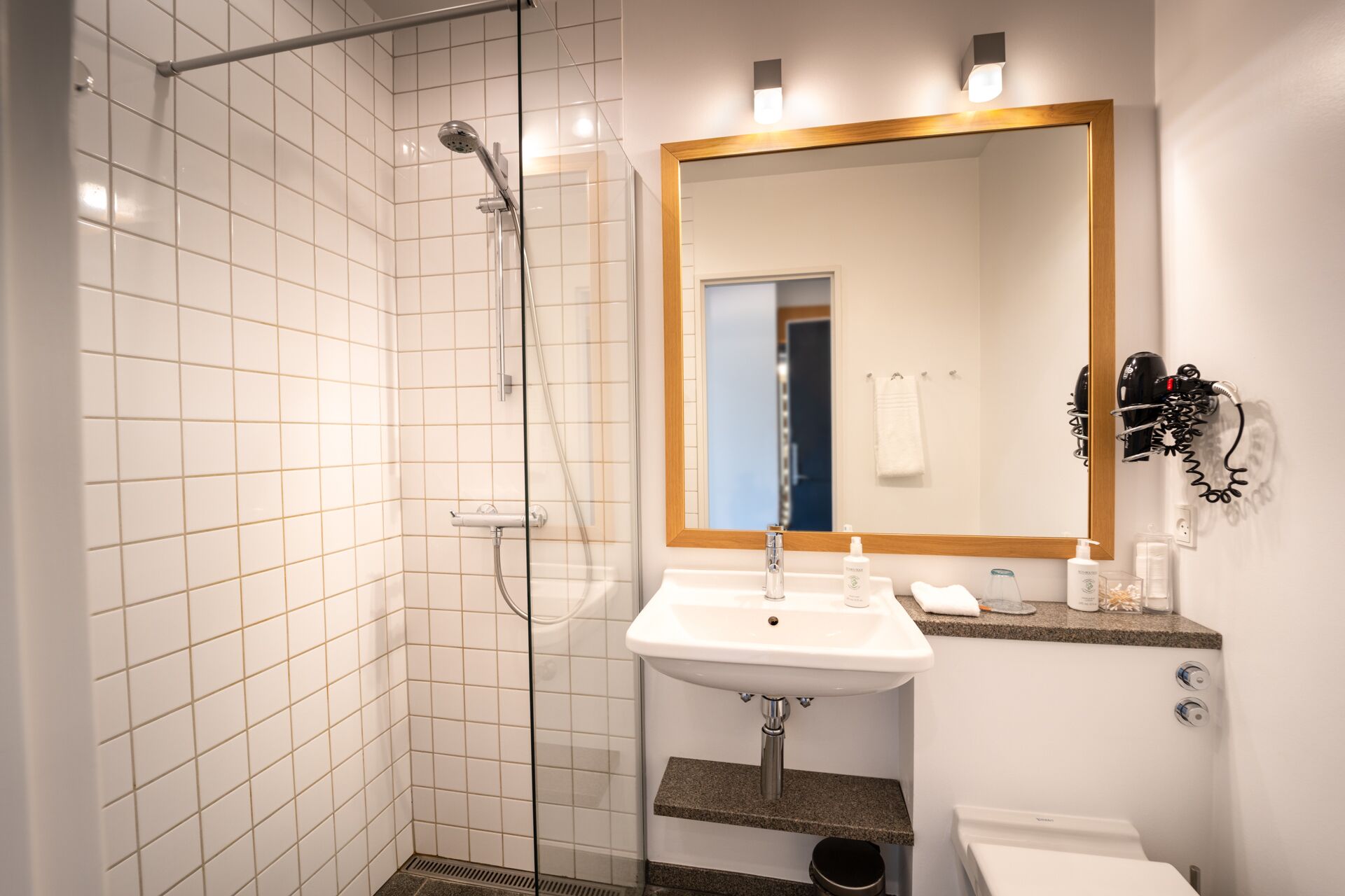 shower, free toiletries, hair dryer, towels