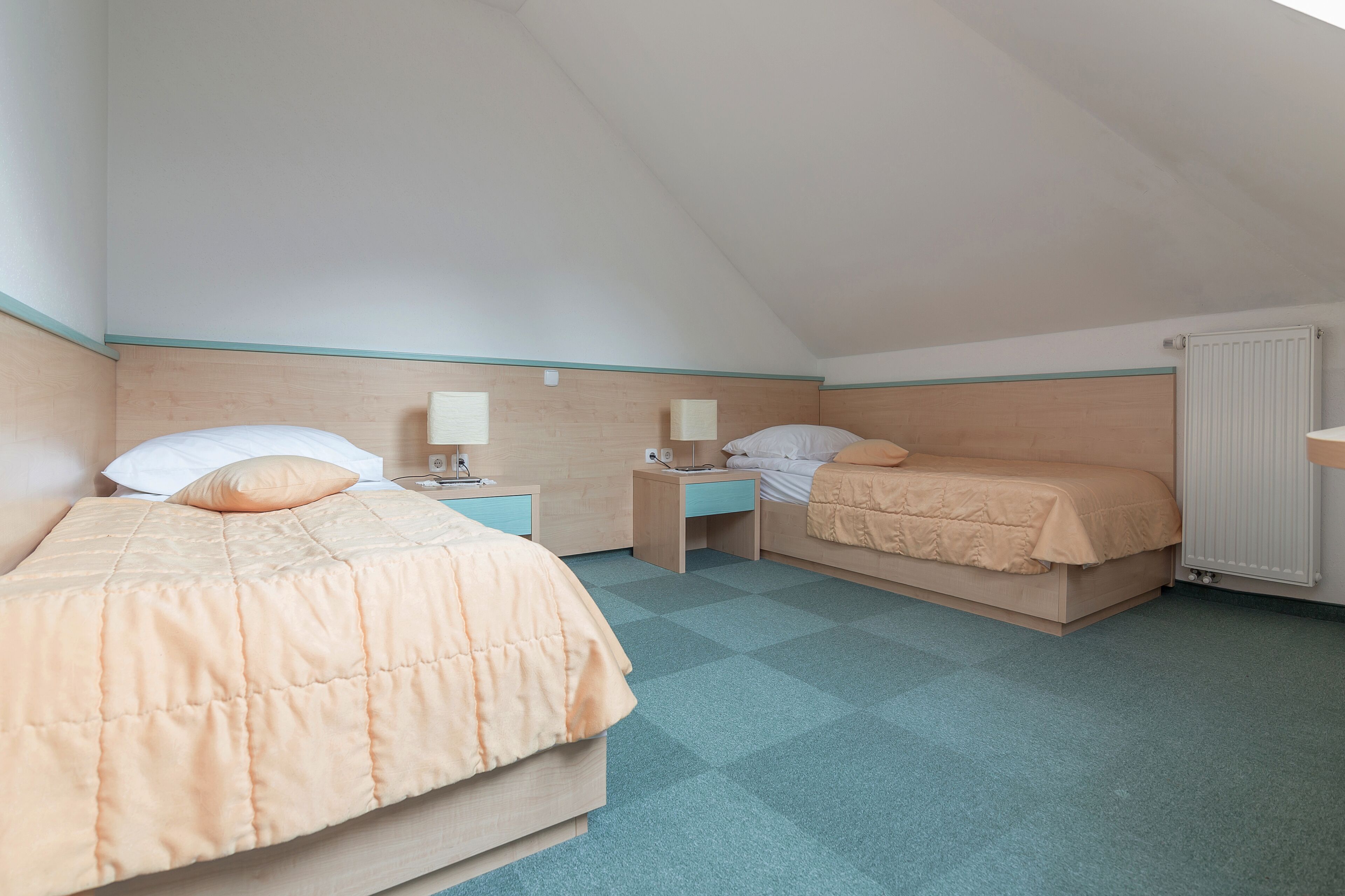 Una habitación con dos camas, cabecero de madera, radiador y suelo a cuadros.