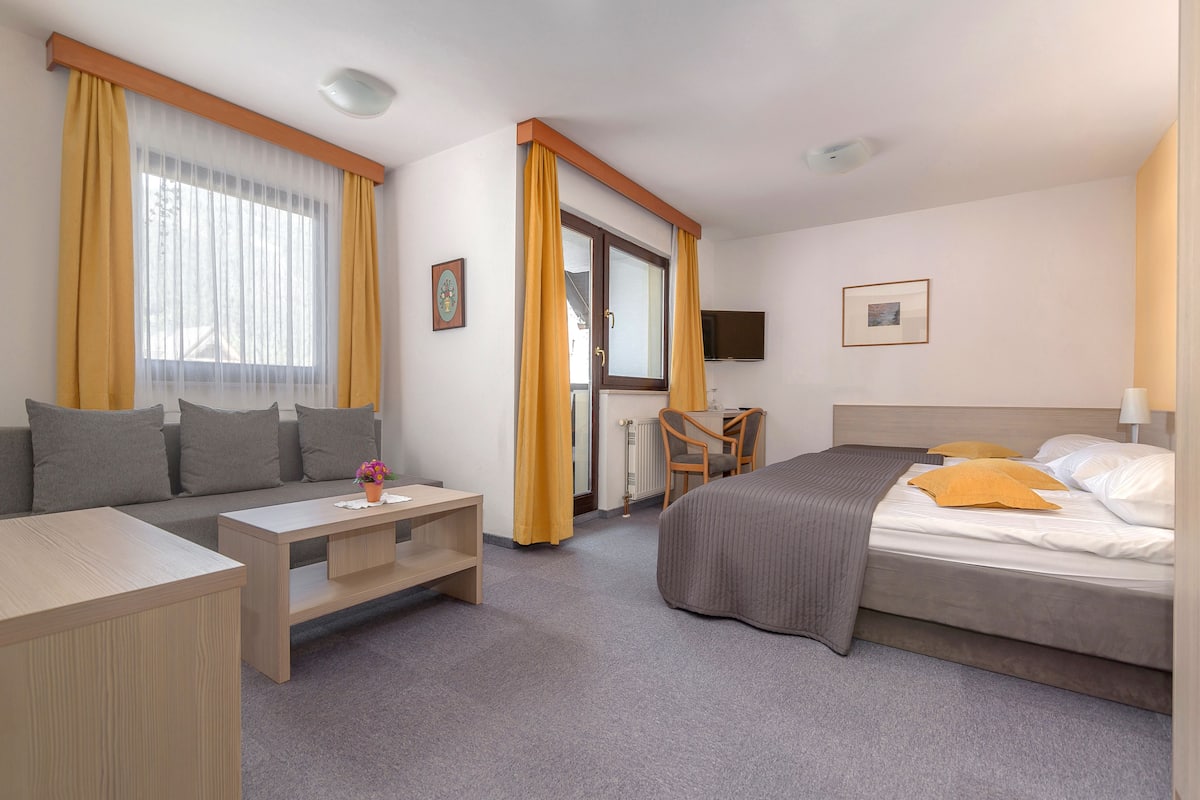 A hotel room with a bed, a sofa, a desk, and a chair.