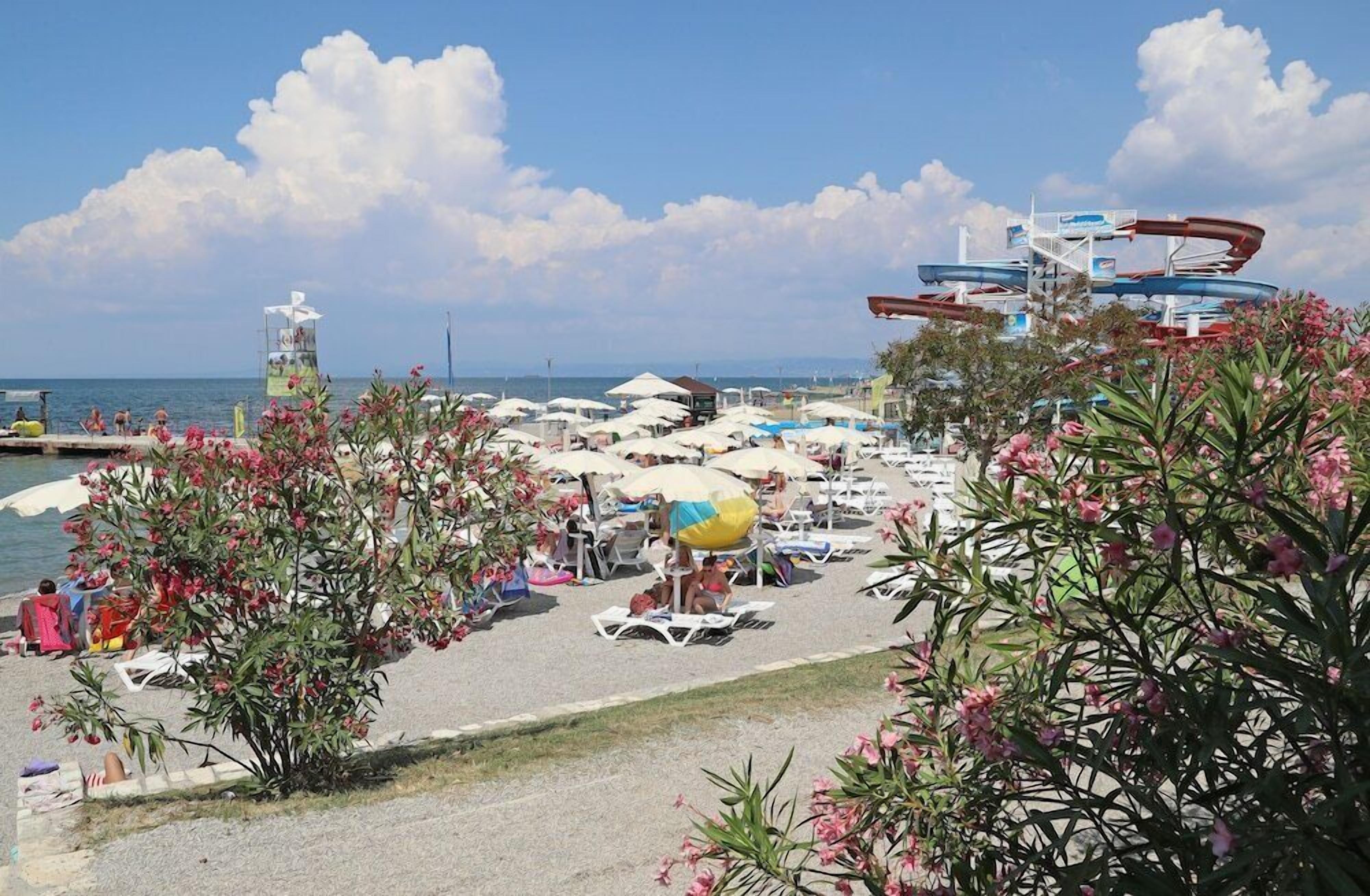 A beachside resort with sun loungers, umbrellas, and a water park in the background.