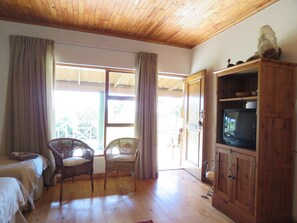 A room with a wooden ceiling, a television on a wooden cabinet, wicker chairs, a bed, and a sliding glass door leading to an outdoor area. - Mentors Country Estate (Jeffreys Bay)