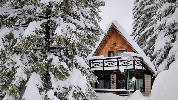 A wooden cabin with a balcony, surrounded by snow-covered trees. - Traveland Butique Resort Poiana Brasov (Brasov)