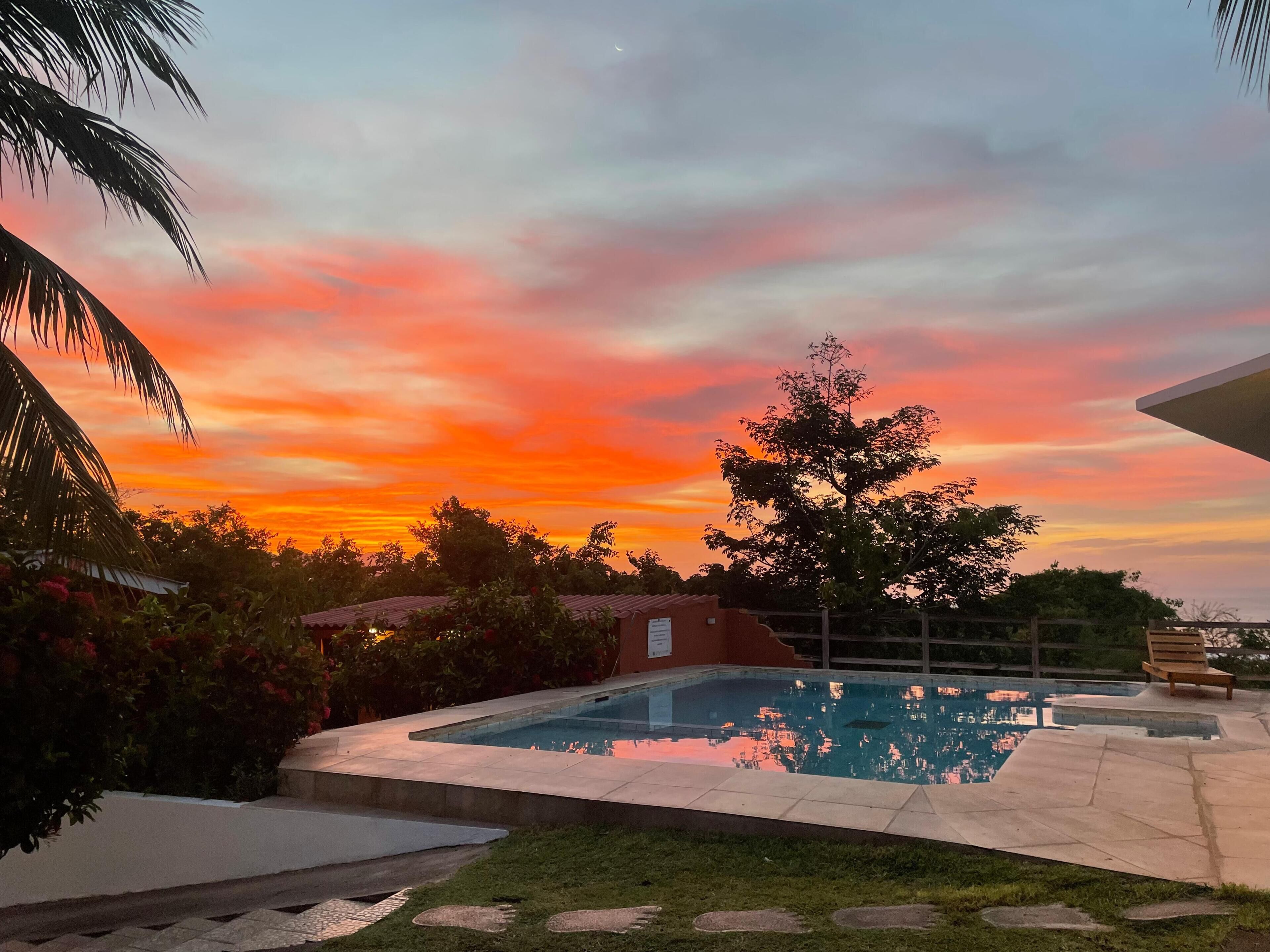 Ein Schwimmbad mit Sonnenuntergangsblick, umgeben von Grünpflanzen und einem kleinen Gebäude.