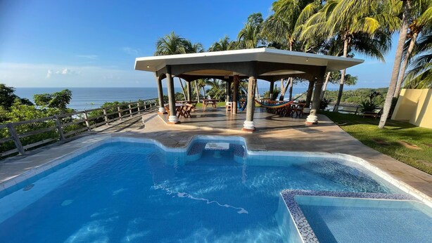 A swimming pool with a view of the ocean, a covered seating area, and palm trees.