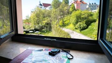A window with a view of a green landscape and buildings, a map, and a camera on the sill.