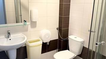 A bathroom with a sink, toilet, and glass shower enclosure.