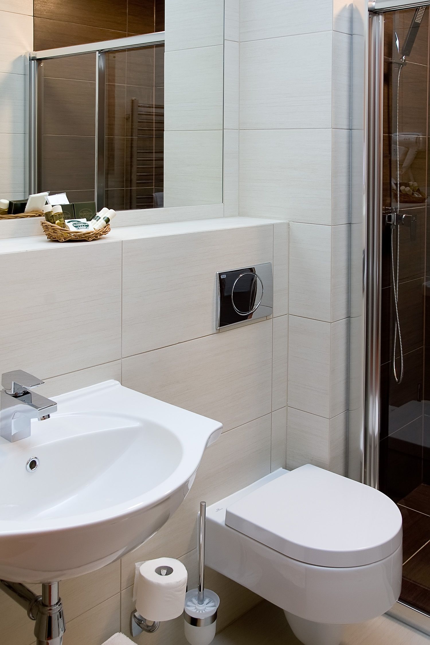 shower, designer toiletries, hair dryer, bathrobes