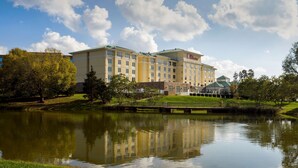 A hotel with a reflection in a pond, surrounded by greenery and a clear sky.