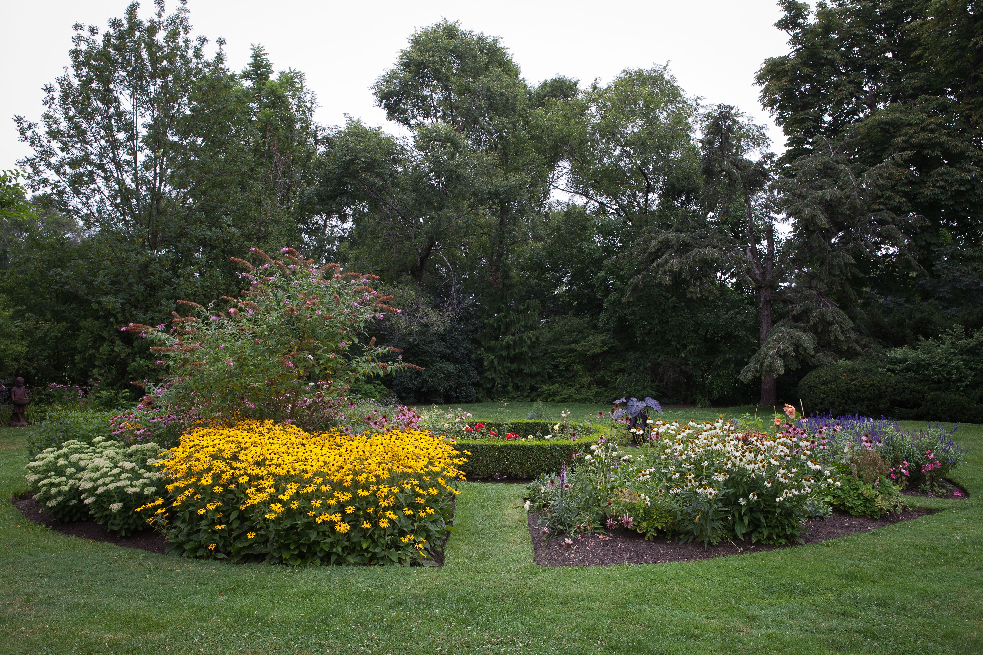 A garden with various flower beds and trees.