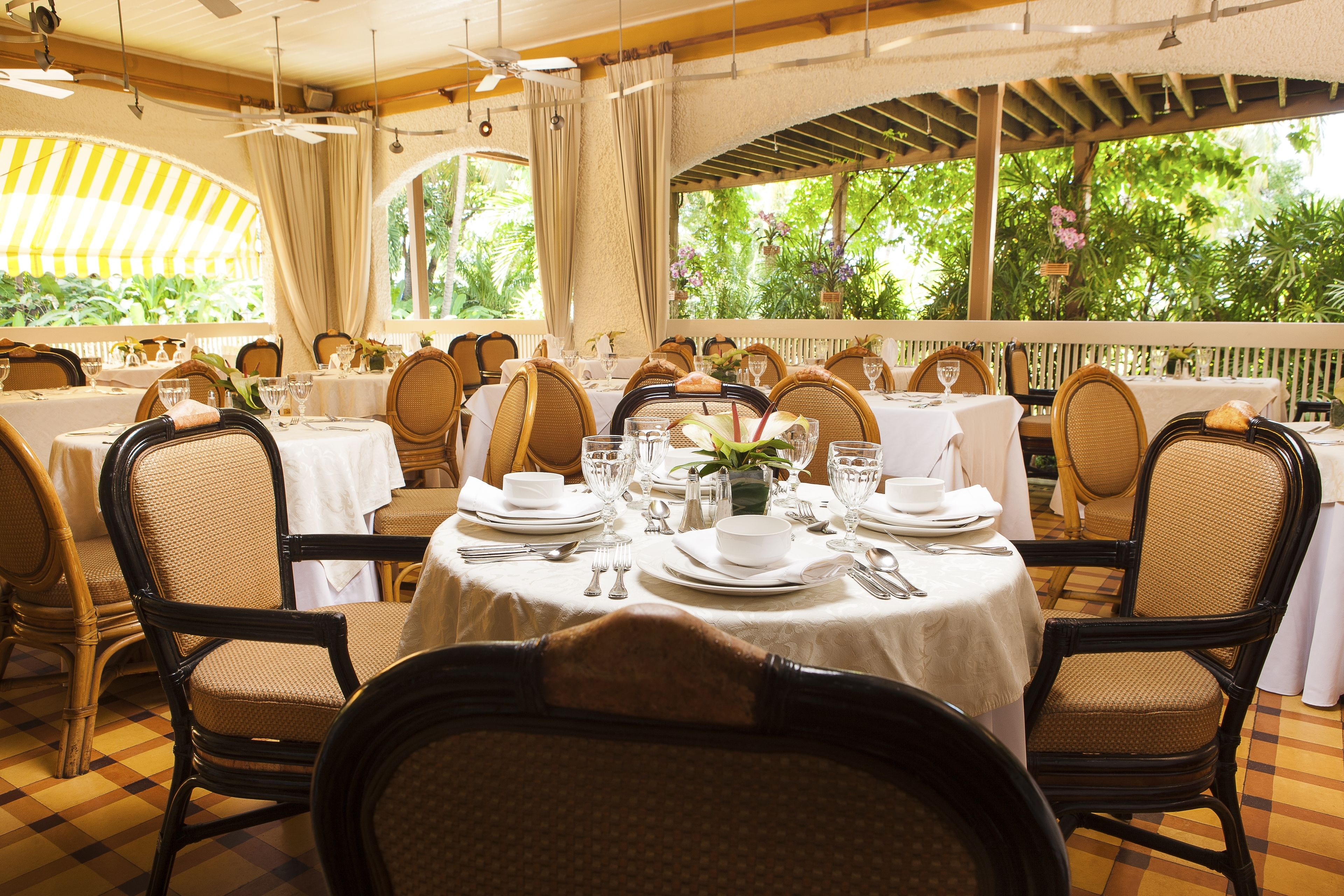 A restaurant with round tables, wicker chairs, and a view of greenery through large windows.