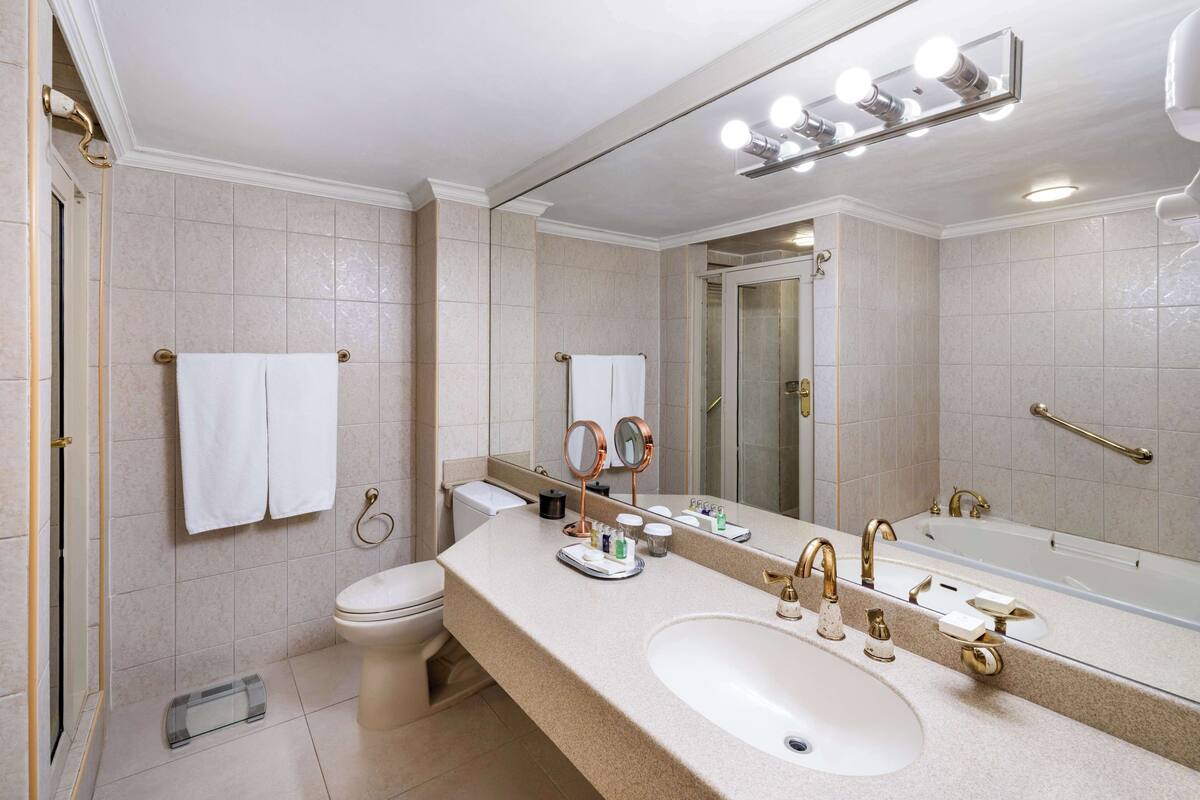 suite, 1 king bed, non smoking, jetted tub | bathroom | free toiletries, hair dryer, towels