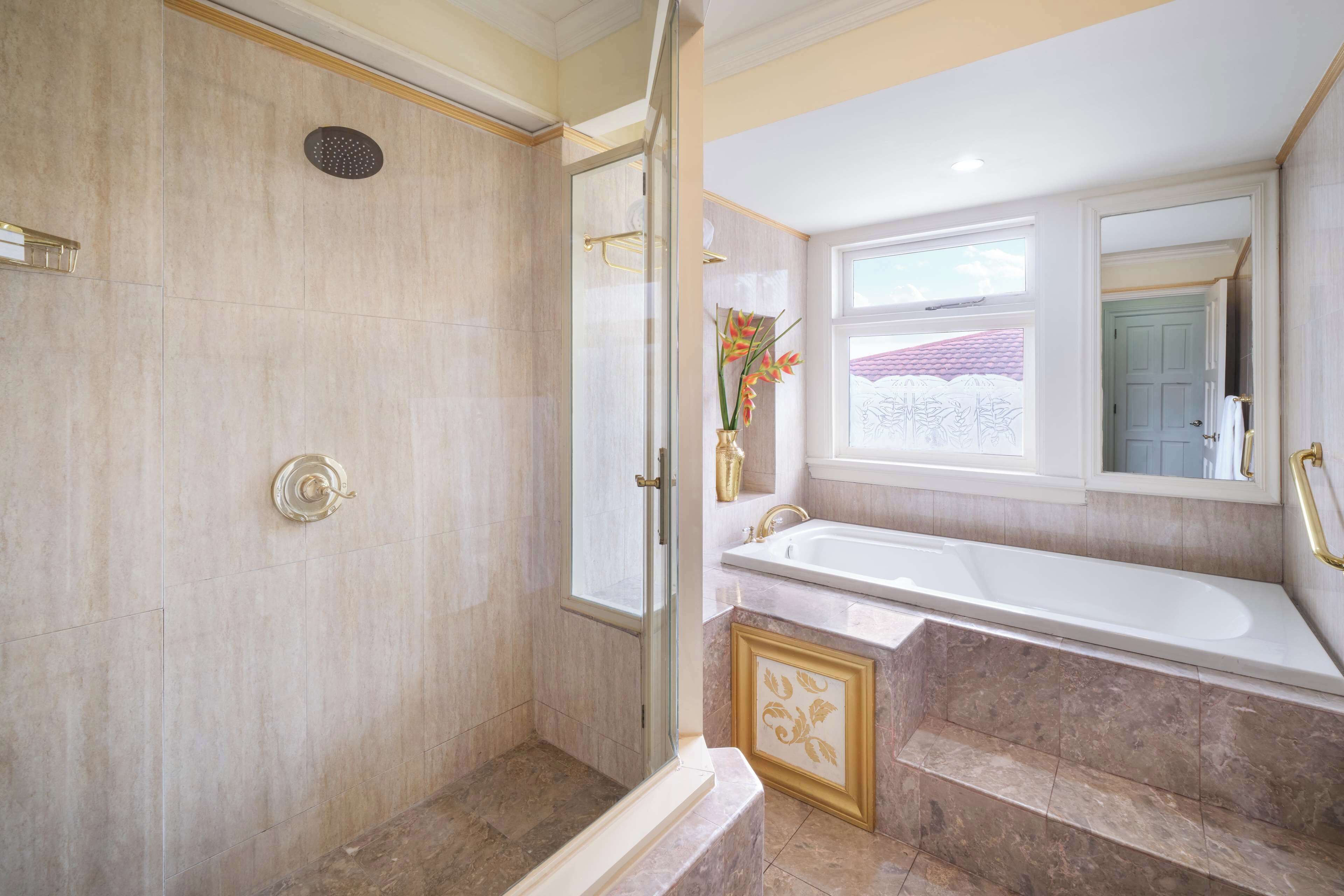 A bathroom with a shower, a bathtub, and a window.