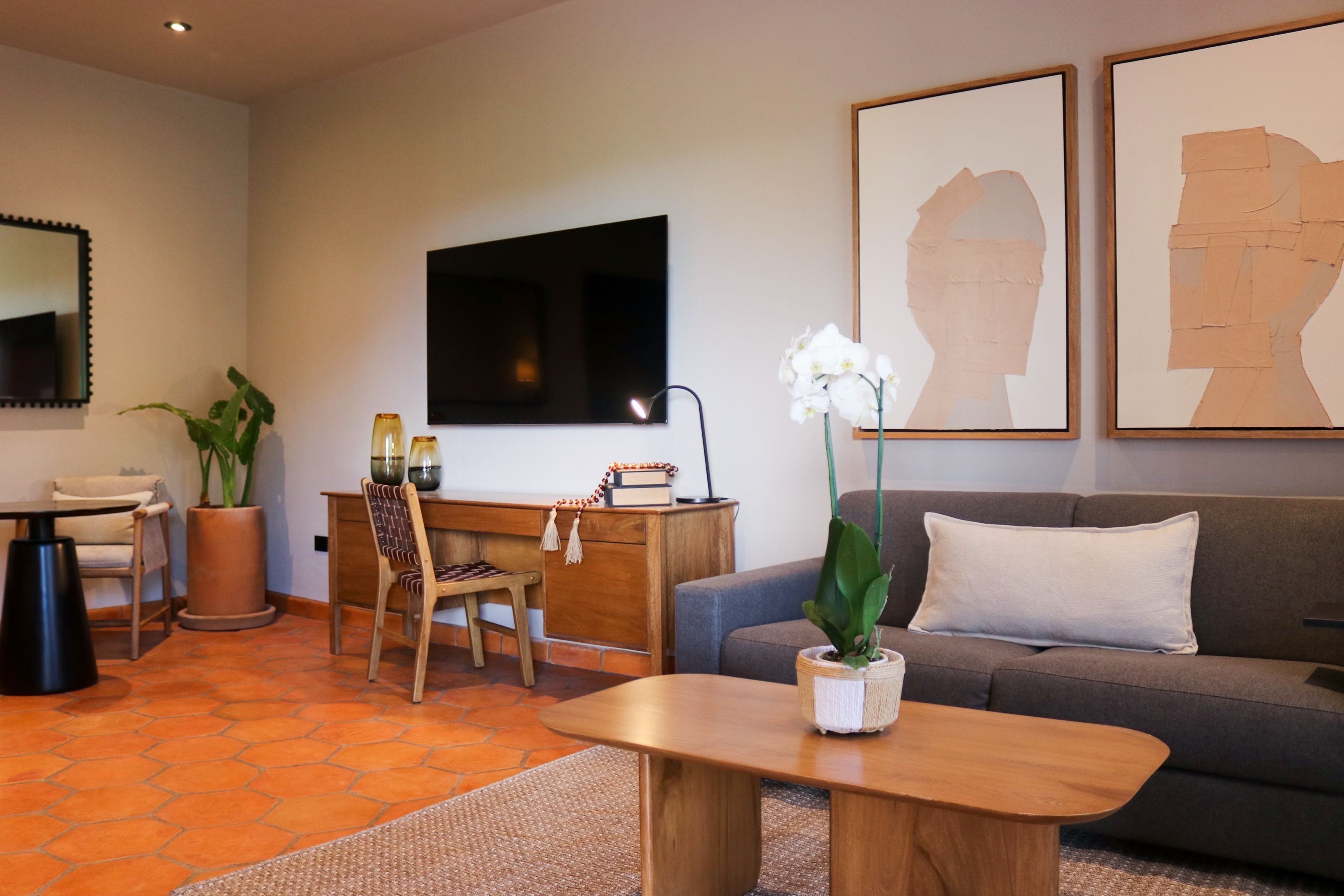 Una sala de estar moderna con un sofá, una mesa de centro de madera, un escritorio con una silla, una planta en maceta y obras de arte en la pared.