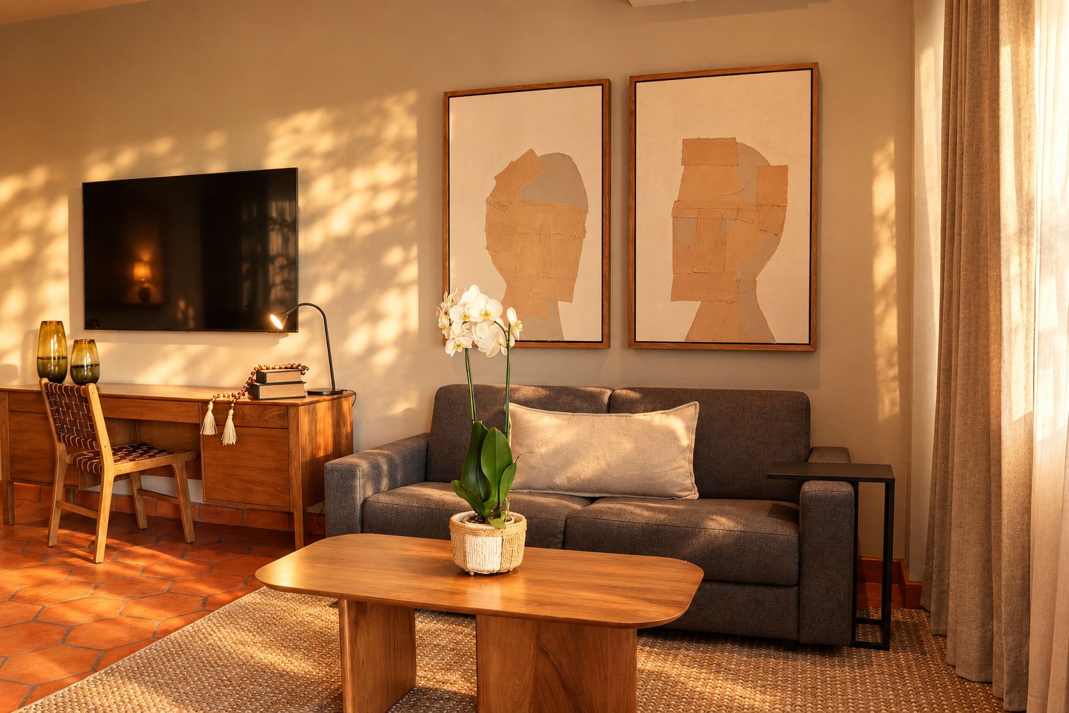 Ein Wohnzimmer mit einer Couch, einem Couchtisch, einem Fernseher und zwei gerahmten Kunstwerken an der Wand.