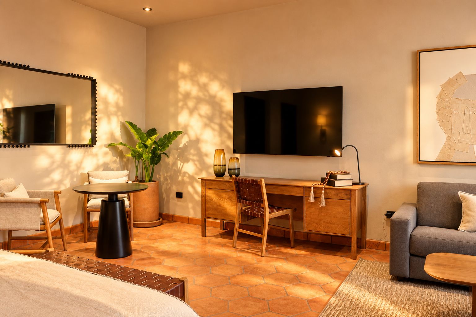 Una habitación de hotel con cama, escritorio, silla, televisor, planta y sofá.