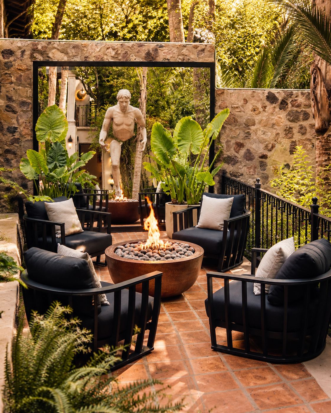 An outdoor patio with stone walls, a fire pit, and black outdoor furniture.