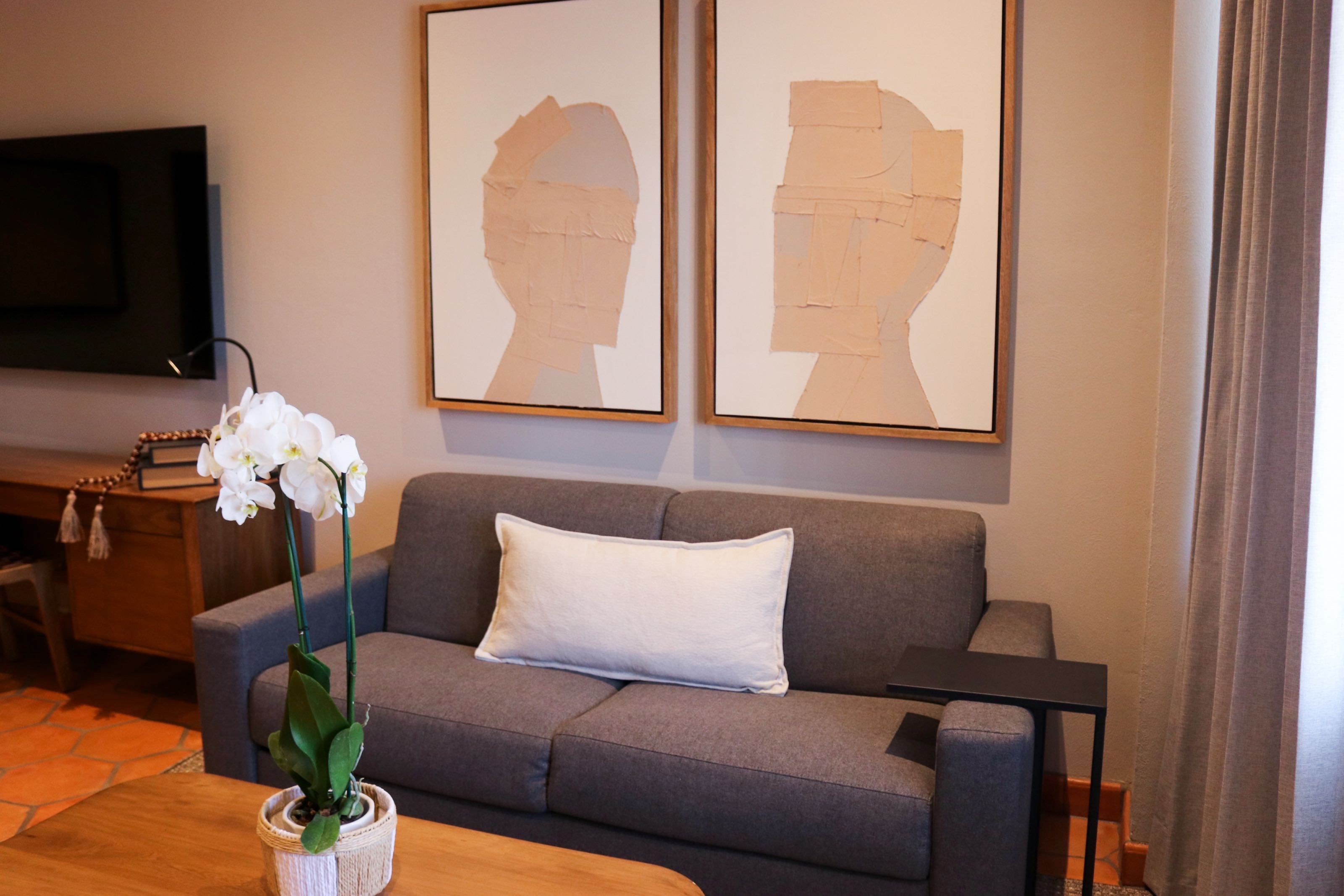Una sala de estar con un sofá gris, una almohada blanca, una mesa de centro de madera, una orquídea en maceta y dos obras de arte enmarcadas en la pared.
