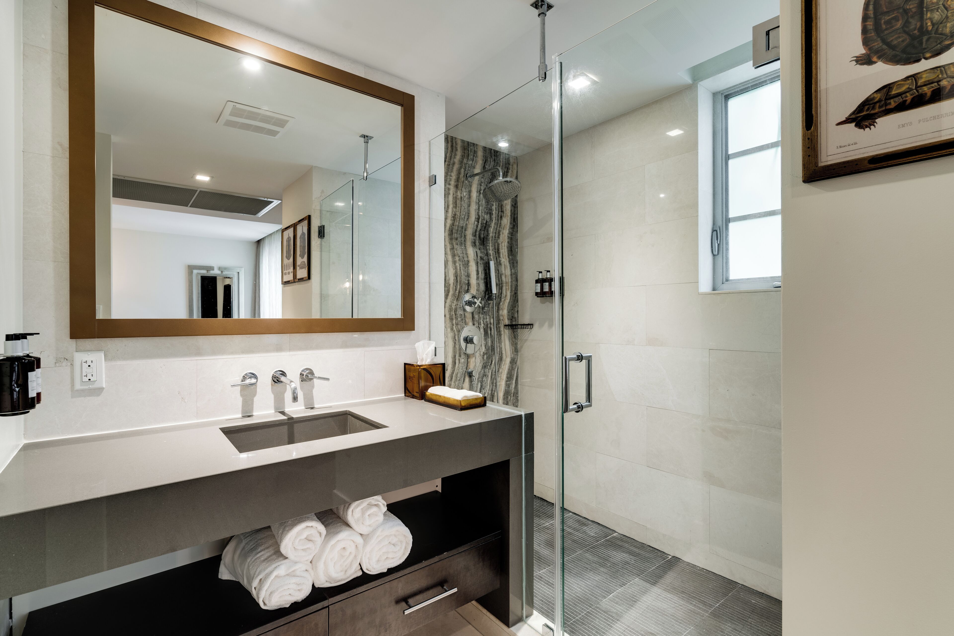 shower, designer toiletries, bathrobes, slippers